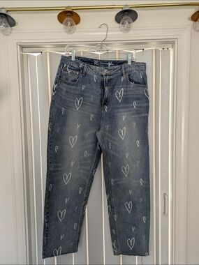 No Boundaries Women's Blue Heart-Print Straight Jeans Sz 15